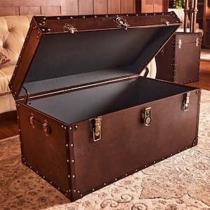 Full Grain Leather Trunk - Antique Brass Hardware - Available in Two Sizes