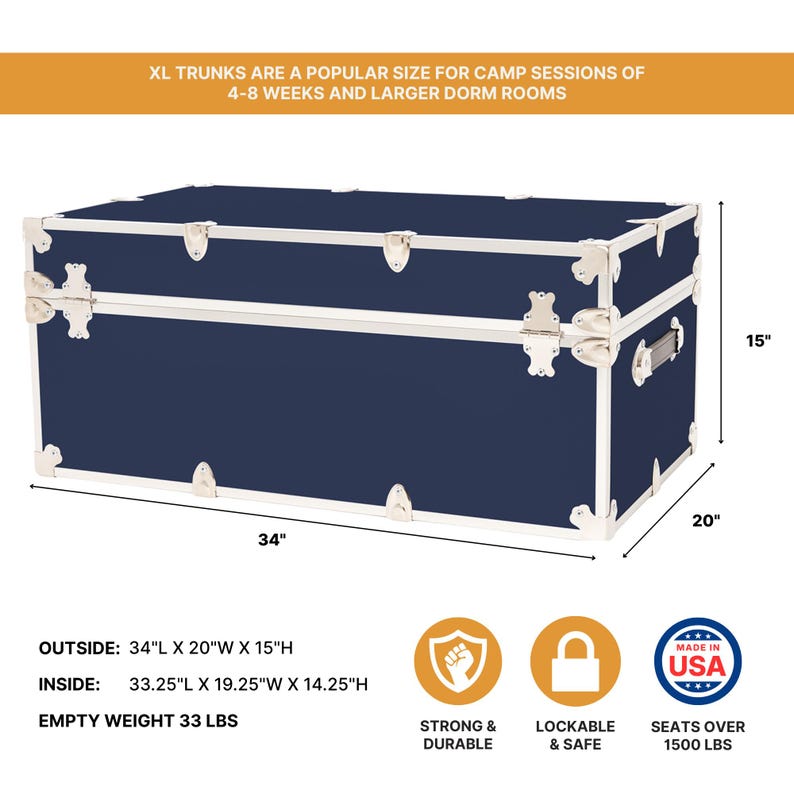 May include: A navy blue trunk with silver-colored trim and hardware. The trunk measures 34 inches long, 20 inches wide, and 15 inches high. The text on the image says "XL TRUNKS ARE A POPULAR SIZE FOR CAMP SESSIONS OF 4-8 WEEKS AND LARGER DORM ROOMS."