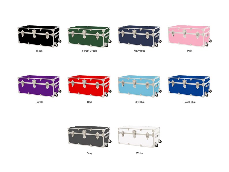May include: A collection of rectangular storage trunks in various colors, including black, forest green, navy blue, pink, purple, red, sky blue, royal blue, gray, and white. Each trunk has silver-colored hardware and wheels.