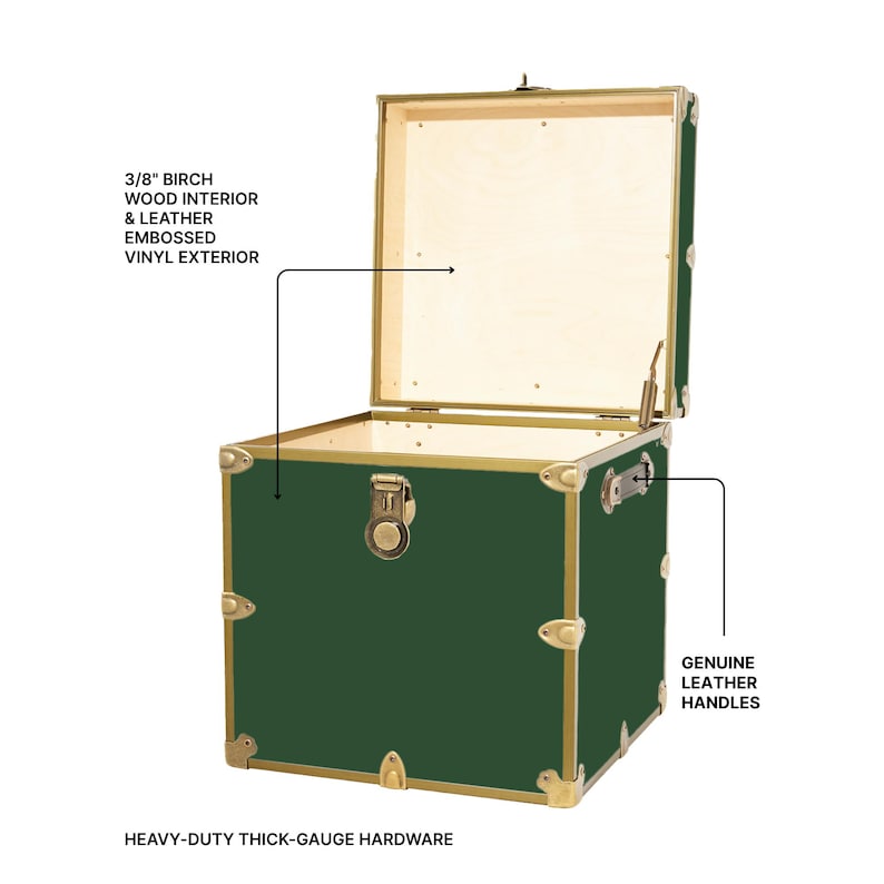 May include: A green trunk with a brass-colored frame and hardware. The trunk has a birch wood interior and a leather embossed vinyl exterior. It features genuine leather handles and heavy-duty thick-gauge hardware.