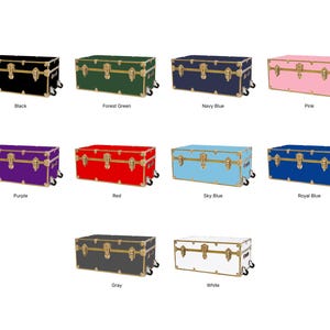 May include: A collection of rectangular trunks in various colors, including black, forest green, navy blue, pink, purple, red, sky blue, royal blue, gray, and white. Each trunk has gold-colored hardware and wheels.