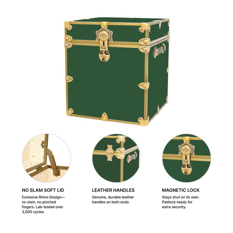 May include: A green trunk with gold-colored metal accents. Features include a magnetic lock, leather handles, and a no-slam soft lid. The trunk is designed with a Rhino Design and is lab-tested over 3,000 cycles.