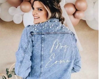 Personalised Blue Denim Jacket, Pearl Wedding Jacket, Bridal, Custom, Party, White Jacket, Embroidered, Bridesmaids, Gift, Present, For Her