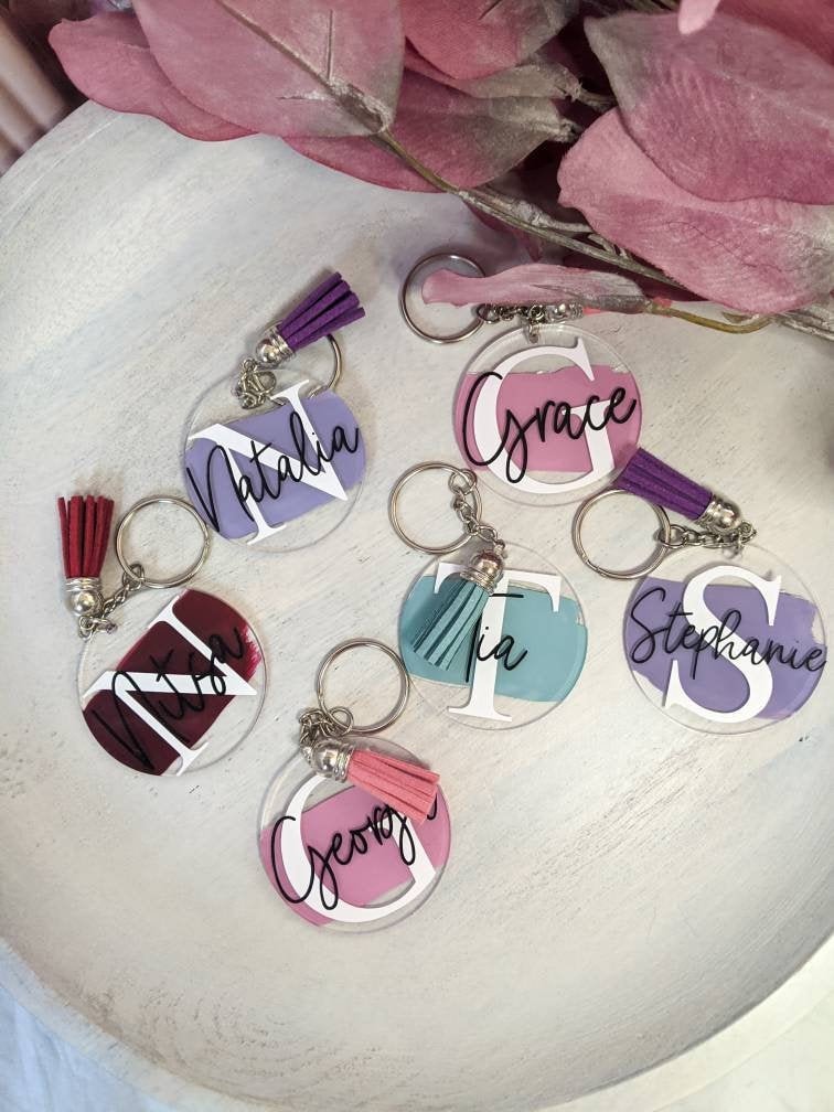 Personalised Acrylic Keyring keychain Initial and Name Custom Gift with Tassel 