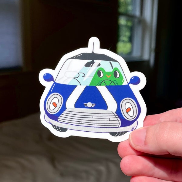 Frog Driving a Mini Cooper - Vinyl Sticker - Cute Matte Green and Blue Decal - MINI Cooper lovers!