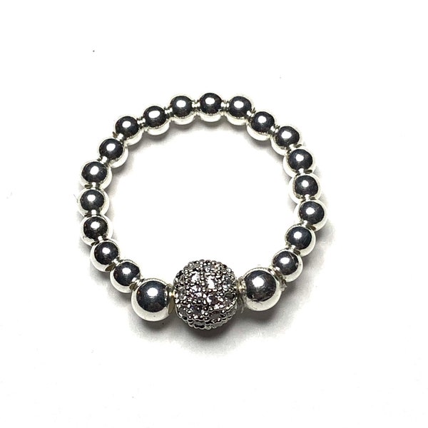 Anneau de perle de Shamballa en argent sterling, anneau scintillant, anneau élastique d'étirement, idée de cadeau de Noel, cadeau de remplissage de bas pour elle