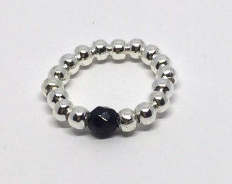 Silver Bead Ring with Black Faceted Onyx Gemstone, black centre stone, stretch Ring, Bead Ring  Stacking Ring, promise Ring, Gift for her,