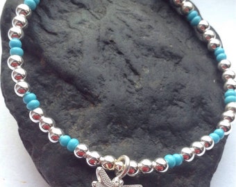 Bracelet libellule en argent sterling avec perles de turquoise, bijoux libellule breloque libellule faite à la main unique, bracelet empilable