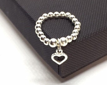 Heart bead ring in Sterling silver, stretch ball ring, dangle Heart Stacking Ring,  Open Heart charm ring, valentines gift, Christmas gift