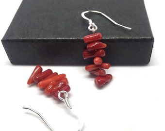 Red Coral Earrings, Natural Red Sea Bamboo Coral Dangle Earrings with Sterling Silver Fittings, drop earrings, dangle, Valentine gift idea