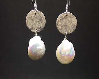 Large Pearl Earrings In Sterling Silver with Hand hammered and textured silver discs,  wedding jewellery, lovely keisha coin drop earrings