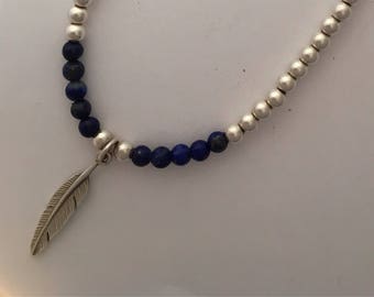 Feather Anklet in Lapis Lazuli and sterling silver, Sterling Silver & Lapis Anklet, blue anklet, stretch anklle bracelet, angel jewellery