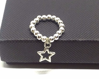 Star Bead Ring in Sterling Silver, stretch Star charm ring, great for stacking, valentines gift for her, dangle charm ring
