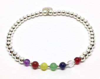 Chakra Gemstone Bracelet in Sterling Silver, Healing and Meditation, stretch, stacking bracelet. Christmas gift for her