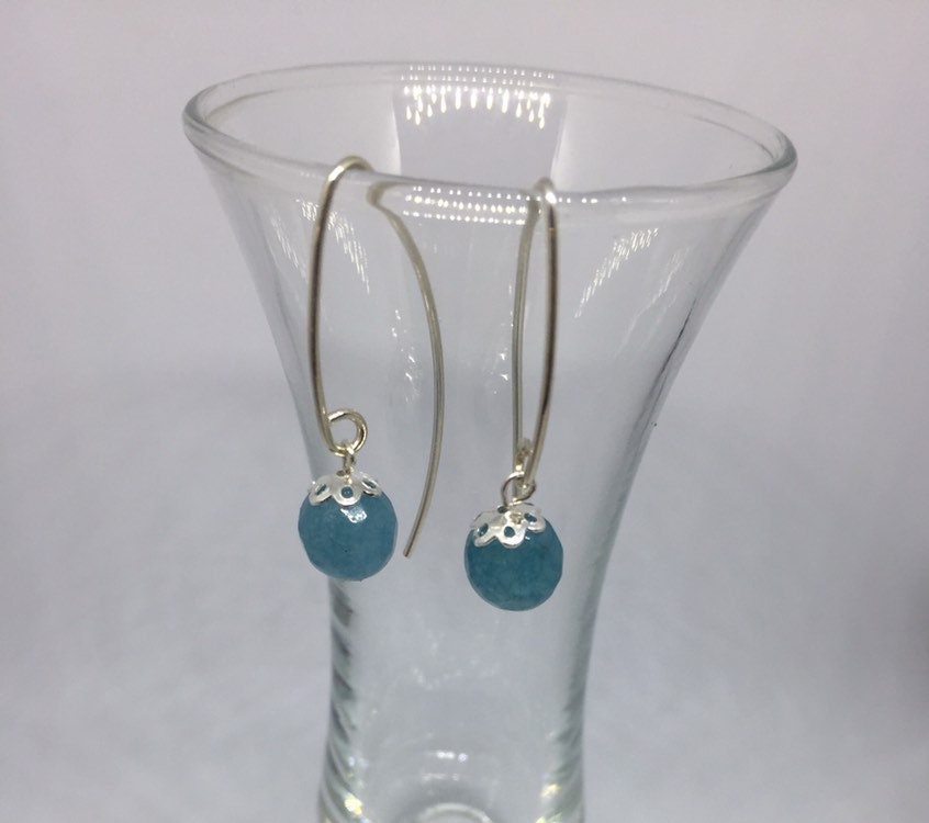 Blue Quartz Earrings With Elegant Long Sterling Silver Wires, Drop