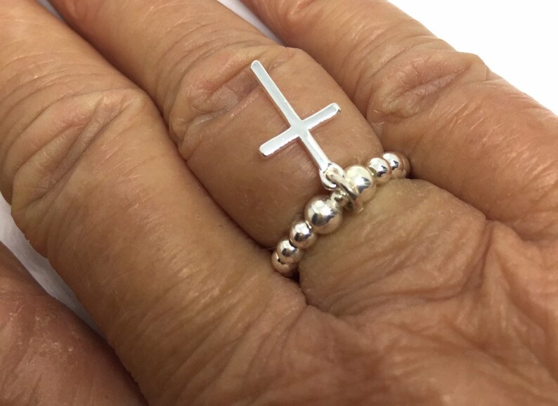 Stacking Bead Ring for Women Sterling Silver Beaded Stretch CZ Cross Charm Ring Stacking Bead Ring for Women Sterling Silver Beaded Stretch CZ Cross Charm Ring