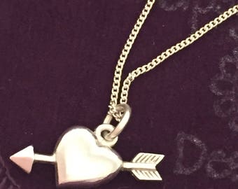 Valentines Love Heart Necklace, sterling silver romantic Heart and Arrow, Cupids Arrow, Heart Pendant, Heart and Chain, Romance