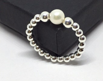 Pearl bead ring in sterling silver, June Birthstone ring, pearl stretch ring, stacking jewellery, Valentine gift idea, gift for her