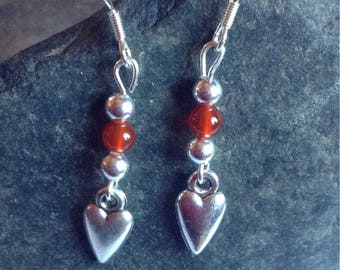Heart drop earrings in sterling silver & Carnelian Gemstone Dangle Earrings, heart earrings, valentines, sterling silver ear wires