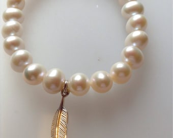 Pearl and feather Charm Bracelet, angel jewellery, angel feather bracelet, pearl and feather bangle,