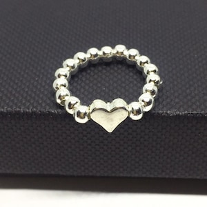 Sterling Silver Heart Bead Ring, Stretch stacking ring, love heart charm bead, pinkie ring, valentines gift
