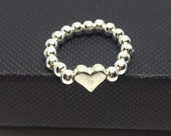 Sterling Silver Heart Bead Ring, Stretch stacking ring, love heart charm bead, pinkie ring, valentines gift