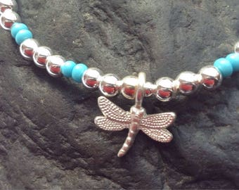 Dragonfly Anklet, Silver dragonfly ankle bracelet with turquiose beads, unique handmade Dragonfly, stretch beach jewellery, 925 Silver