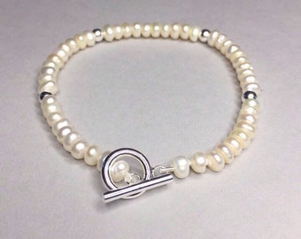 Freshwater Pearl Bracelet with Sterling Silver Beads and Toggle fastening, dainty bracelet, lovely Christmas gift idea.