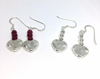 Heart drop earrings with red ruby gemstone or sterling silver faceted beads, sterling silver earring wires.  Christmas gift ideas