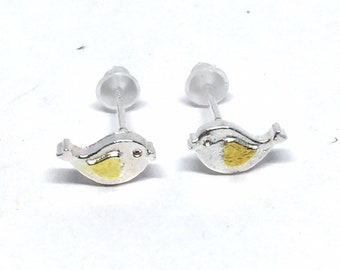 Love bird earrings in silver with gold plate heart wings, tiny stud earrings, valentines gift