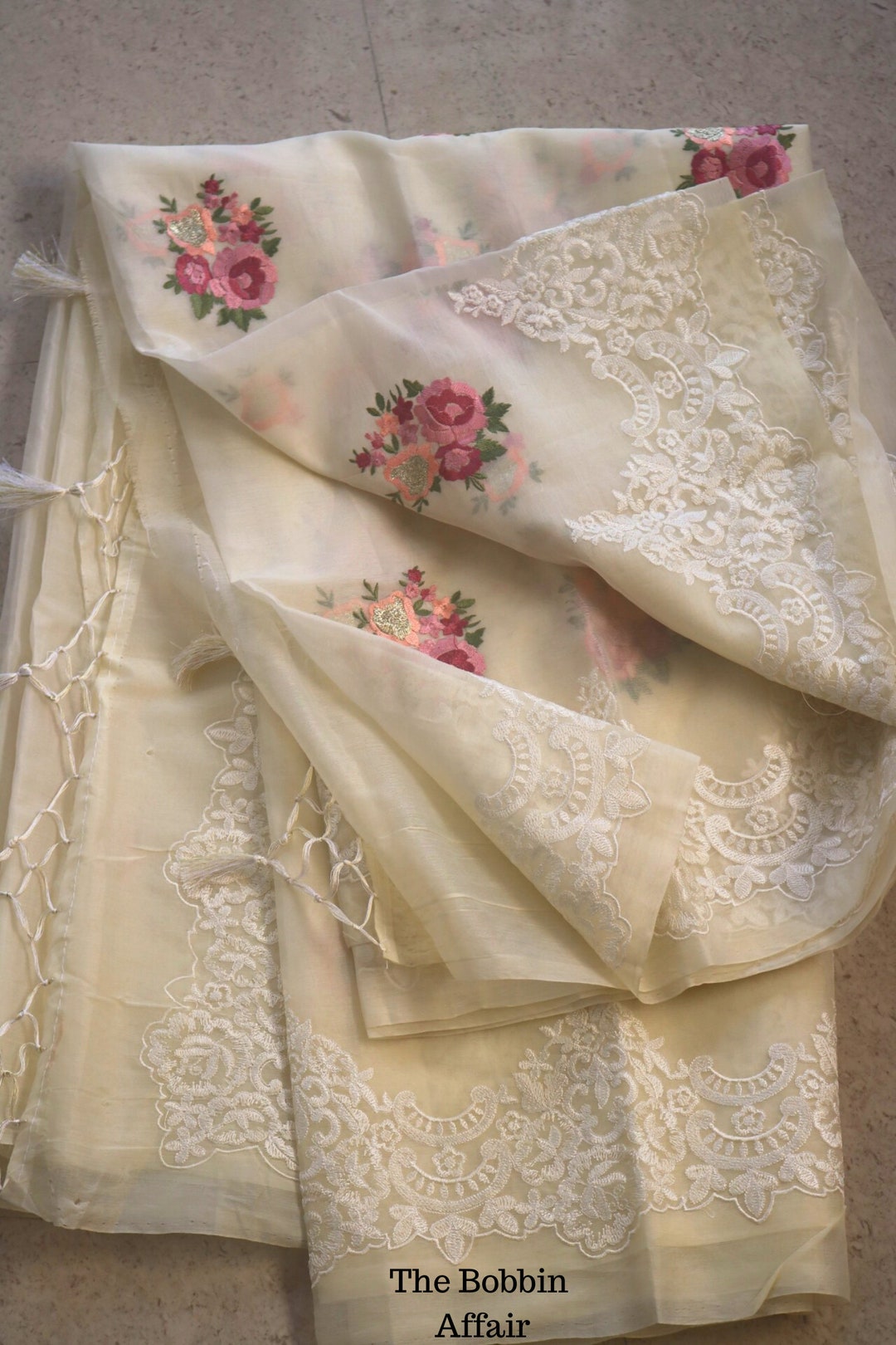 Daisy Cream Silk Organza Saree Set
