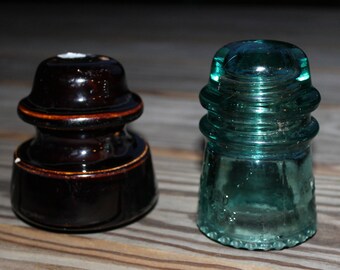 Glass Insulators, Antique Glass, Aqua Glass, Hemingray, Brown Glaze Thomas Insulator, Insulator Collection, Father's Day Gift, Home Decor