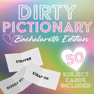 Può includere: Un gioco di carte rosa e bianco chiamato "Dirty Pictionary: Bachelorette Edition" con 50 carte di argomenti incluse. Le carte presentano parole suggestive come "Stripper" e "Strap On".