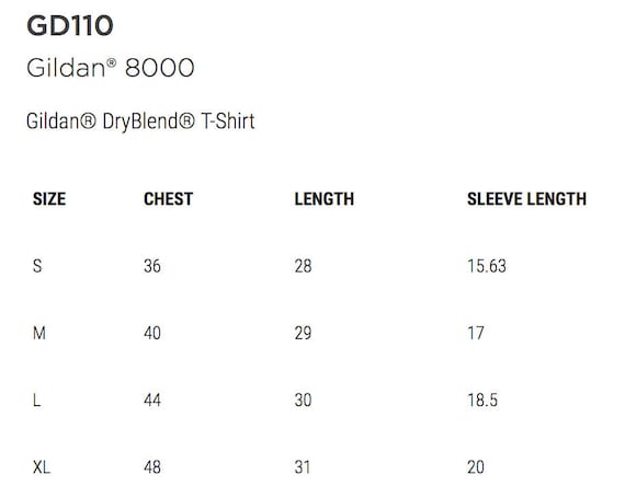 Gildan 8000 Size Chart