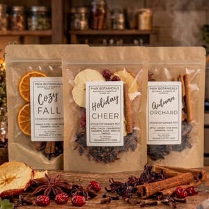 Pode incluir: Três bolsas transparentes de ingredientes para pot-pourri de fogão PNW Botanicals rotuladas como Cozy Fall, Holiday Cheer e Autumn Orchard. Cada bolsa contém fatias de fruta seca, paus de canela e especiarias. Ingredientes secos soltos estão espalhados sobre uma superfície de madeira.