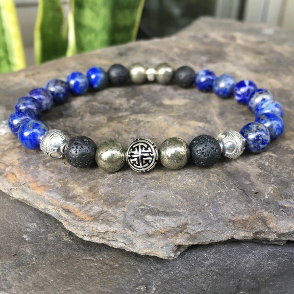 Pierre Homme Luxe bracelet in Lapis lazuli, Pyrite, Natural Lava Pearl, Silver 925 solid, premium superior quality, Buddhist