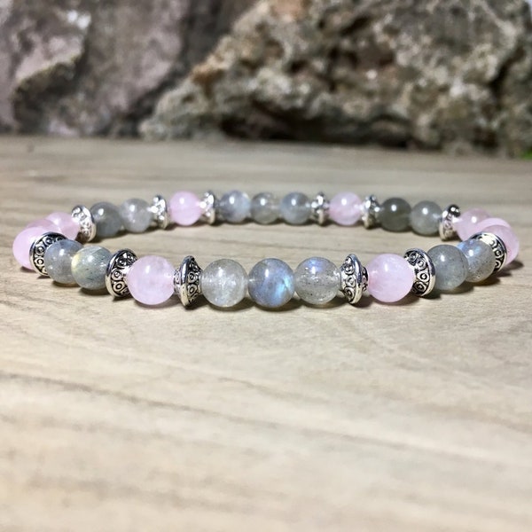 bracelet femme pierres naturelles, labradorite et quartz rose, bracelet for women rose quartz, gemstones, 6mm, perles, bracelet extensible