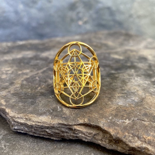 Bague ANKORA & Cube de Métatron en OR , golden metatron's cube ring, géometrie sacrée minimaliste, sacred geometry minimalist, ajustable