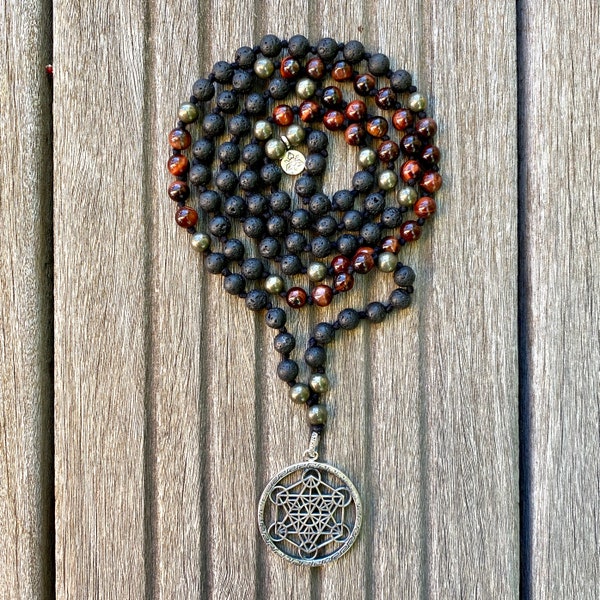 Collier Mala « Force et Courage » Oeil de Taureau, Pyrite, Pierre de Lave - 6 mm