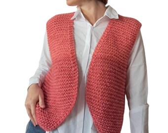 Hand Knit Coral Wool Vest: Sleeveless Alpaca Blend Gilet
