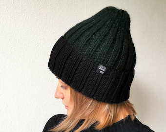 Hand-Knit Ribbed Alpaca Blend Beanie - Dark Green & Black