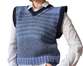 Hand Knit Wool Vest: Striped Blue Sleeveless Pullover