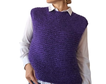 Chunky Hand Knit Mohair Wool Vest: Purple Moss Neck Sleeveless Gilet