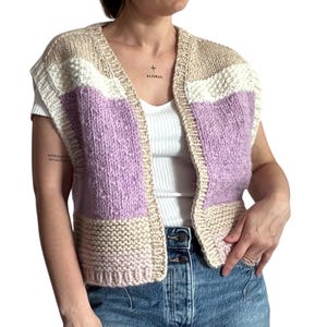 Purple white wool alpaca knit vest, Cozy knit sleeveless pullover, Chunky knit thick vest, Hand knit warm slipover, Knitted gilet vest woman
