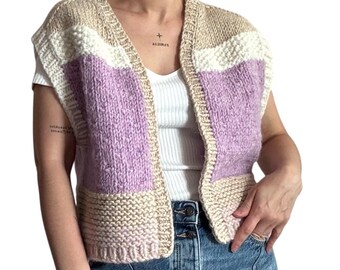Hand Knit Alpaca Wool Vest: Chunky Color Block Sleeveless Pullover