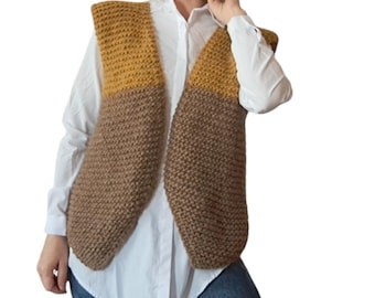 Hand Knit Alpaca Wool Vest: Brown Mustard Sleeveless Cardigan