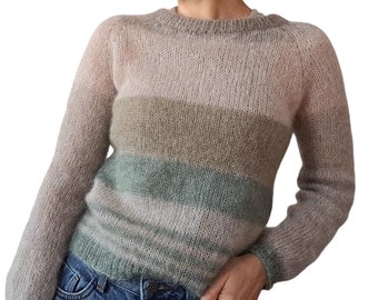 Hand Knit Mohair Silk Sweater: Striped Lightweight Pullover