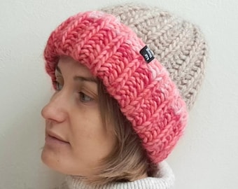 Hand Knit Alpaca Wool Beanie: Beige Coral Color Block