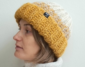 Hand Knit Alpaca Wool Beanie: Beige & Mustard Chunky Cuffed Hat