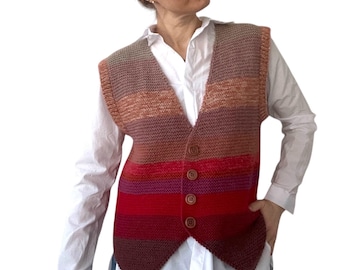 Hand Knit Alpaca Wool Vest: Striped Red Coral Button Gilet